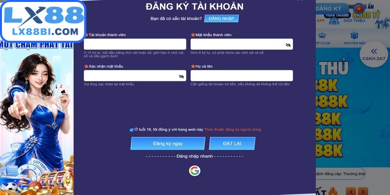 Nhấn xác nhận thông tin đăng ký tài khoản LX88